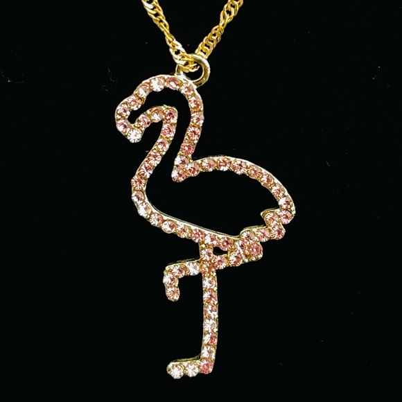 🔴🔴 NEW Pink Flamingo Rhinestone Necklace Chain Necklace Pink - Picture 2 of 13